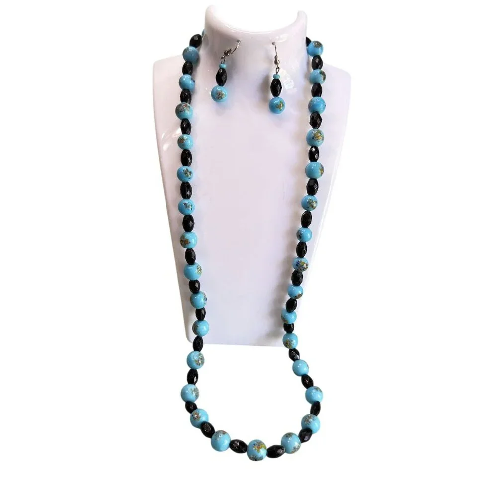 Blue & Black Glass Beads Hand-Painted Embossed Design Jewelry Set 24" - Picture 2 of 6